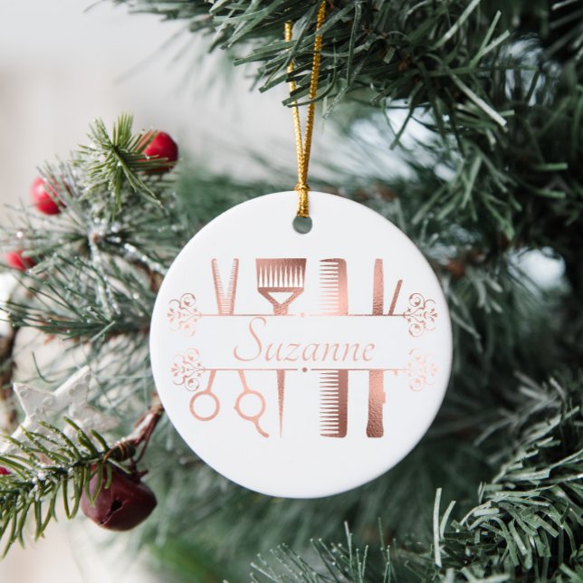 Personalized Rose Gold hair Stylist Hairdresser Ceramic Ornament (Creator Uploaded)