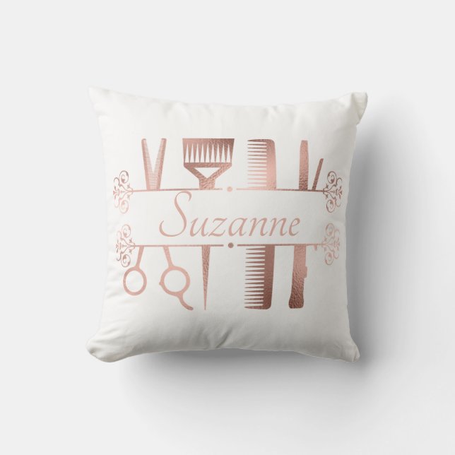 Personalized Rose Gold hair Stylist Hairdresser Throw Pillow (Front)