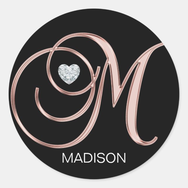 Personalized Rose Gold Heart Monogrammed Letter M Classic Round Sticker (Front)