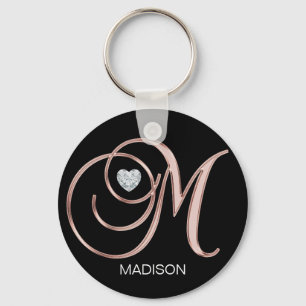 Personalized Rose Gold Heart Monogrammed Letter M  Keychain