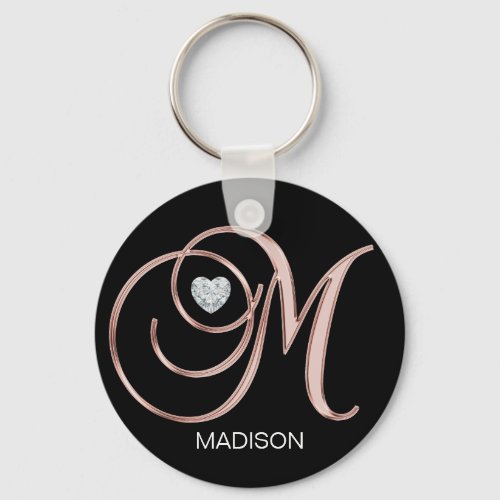 Personalized Rose Gold Heart Monogrammed Letter M  Keychain