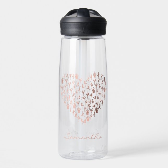 Personalized Rose Gold Heart Poses Namaste Yoga  Water Bottle (Front)