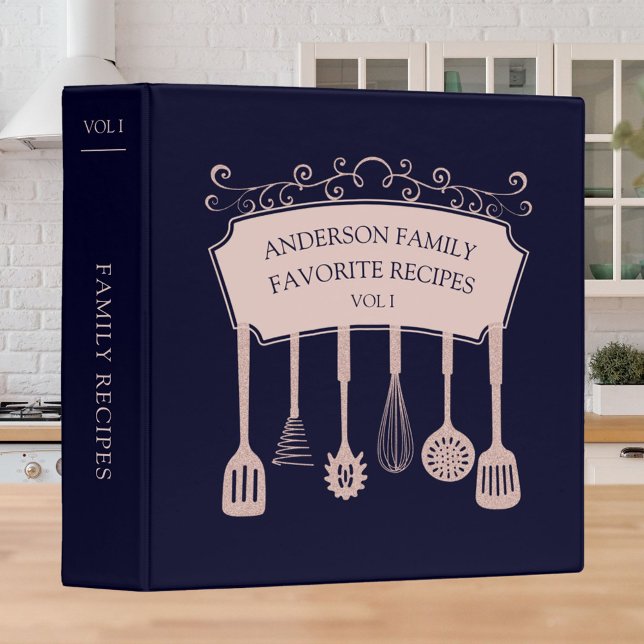 Personalized Rose Gold Kitchen Utensils Recipe 3 Ring Binder (In situ)