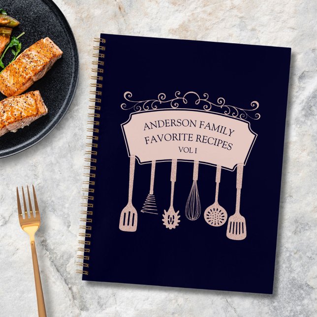 Personalized Rose Gold Kitchen Utensils Recipe Notebook (In situ)