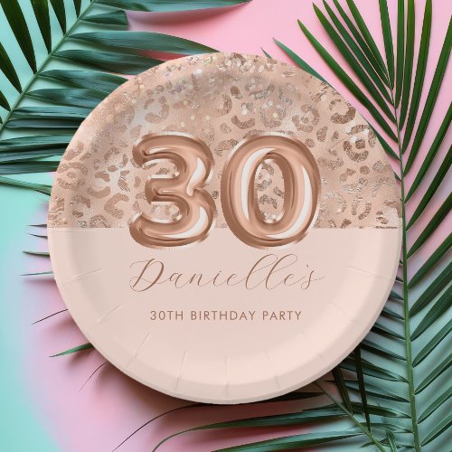 Personalized Rose Gold Leopard Print 30th Birthday Paper Plates