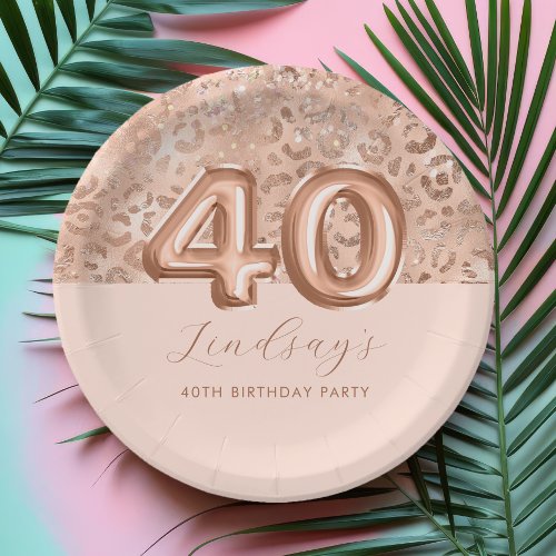 Personalized Rose Gold Leopard Print 40th Birthday Paper Plates