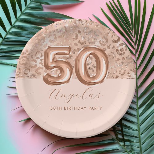 Personalized Rose Gold Leopard Print 50th Birthday Paper Plates