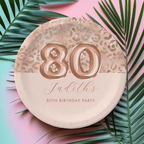 Personalized Rose Gold Leopard Print 80th Birthday Paper Plates