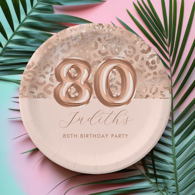 Personalized Rose Gold Leopard Print 80th Birthday Paper Plates (Creator Uploaded)