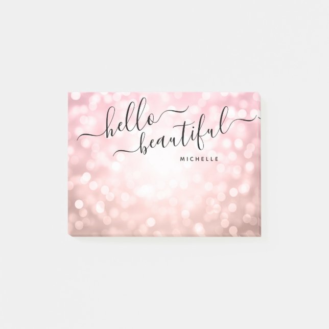 Personalized Rose Gold Lights "Hello Beautiful" Post-it Notes (Front)