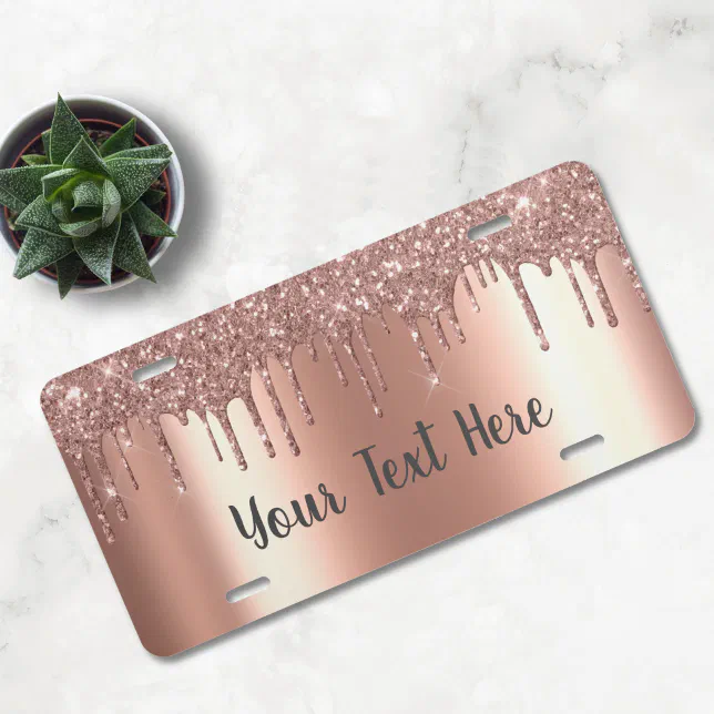 Personalized Rose Gold Metallic Glitter Drips License Plate Zazzle 0822