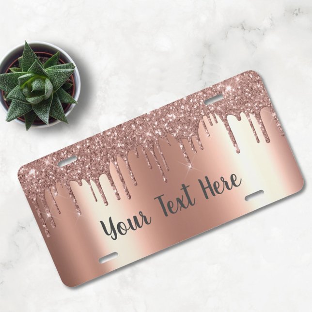 Personalized Rose Gold Metallic Glitter Drips License Plate (Creator Uploaded)