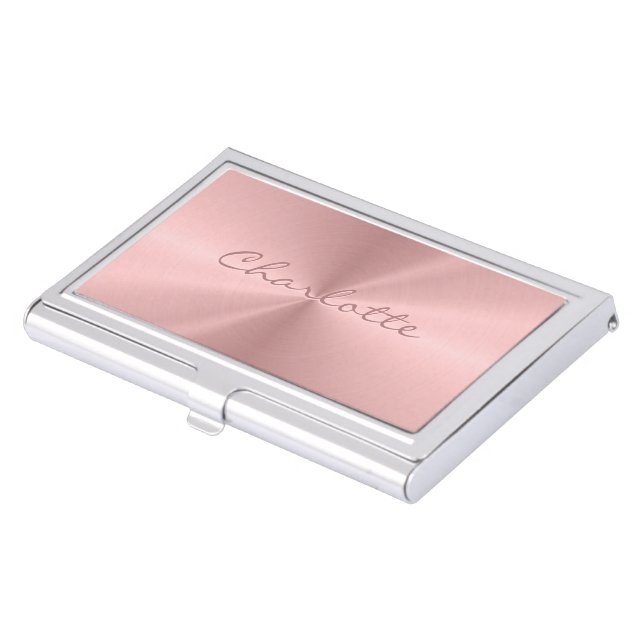 Personalized Rose Gold Metallic Radial Texture Business Card Holder (Front)