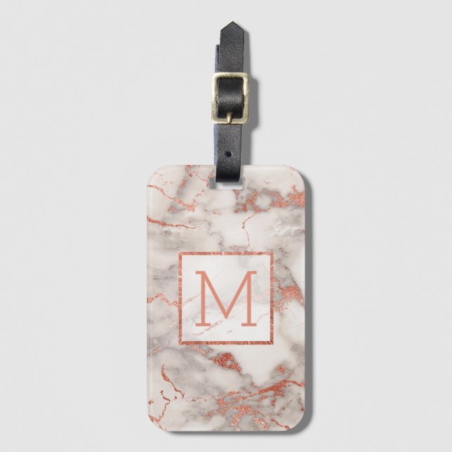 personalized rose gold monogram marble luggage tag (Front Vertical)