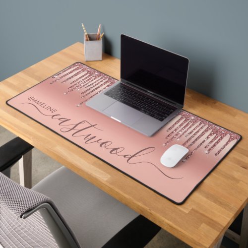 Personalized Rose Gold Ombre Glitter Drips Desk Mat