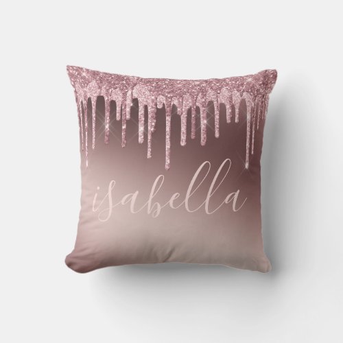Personalized Rose Gold Ombre Glitter Drips Throw Pillow