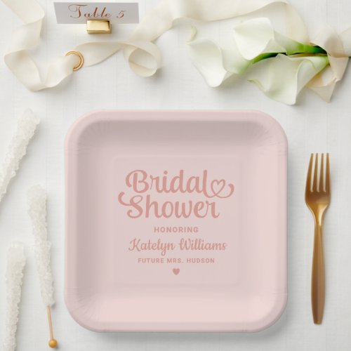 Personalized Rose Gold Pink Wedding Bridal Shower Paper Plates