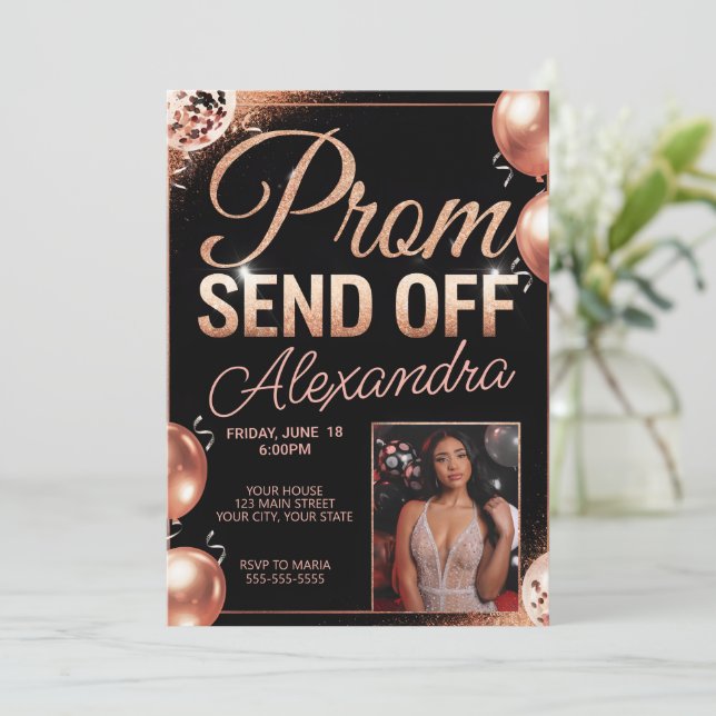 Personalized Rose Gold Prom Send Off DIY Photo Invitation (Standing Front)
