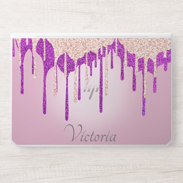 Personalized Rose Gold Purple Glitter Drips  HP Laptop Skin (Front)