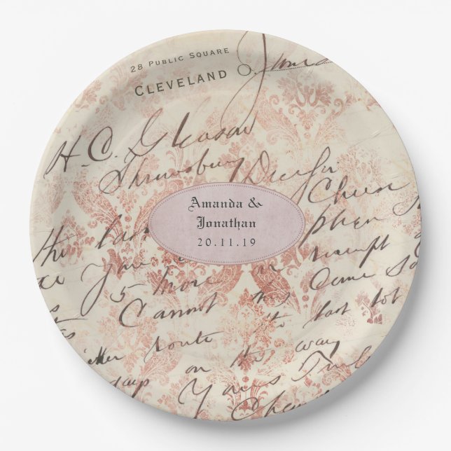 Personalized Rose Gold Shabby-Chic Wedding Paper Plates (Front)
