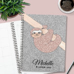 Personalized Rose Gold Silver Glitter Sloth  Planner<br><div class="desc">This planner is decorated with a cute drawing of a blush pink glitter smiling baby sloth hanging from a branch on a silver glitter background.
You can customize this planner with your name and year.
Original Drawing © Michele Davies.</div>