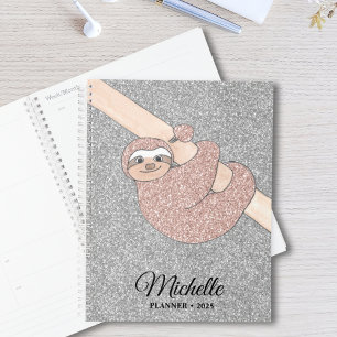 Personalized Rose Gold Silver Glitter Sloth Planner