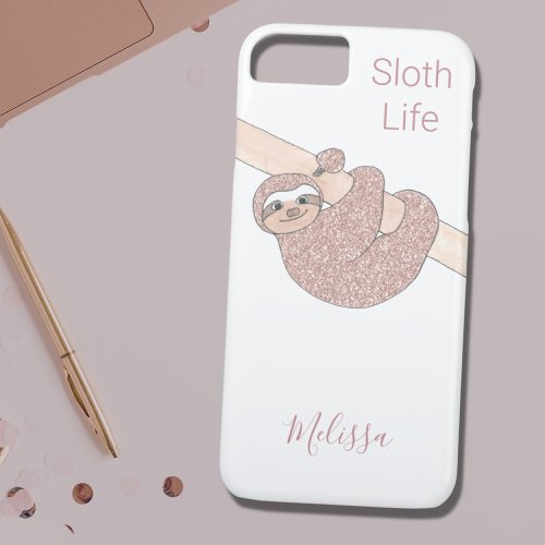 Personalized Rose Gold Sparkle Glitter Cute Sloth iPhone 11 Case