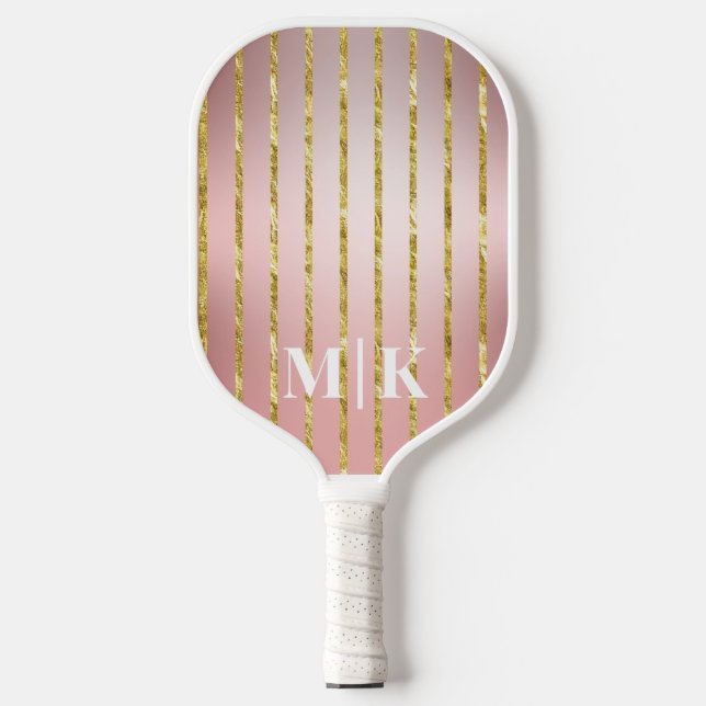  Personalized Rose Gold Stripes Monogrammed Pickleball Paddle (Front)