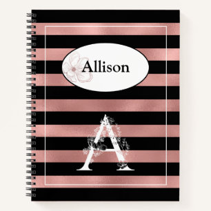 Personalized Rose Gold Stripes with Initial A Notebook