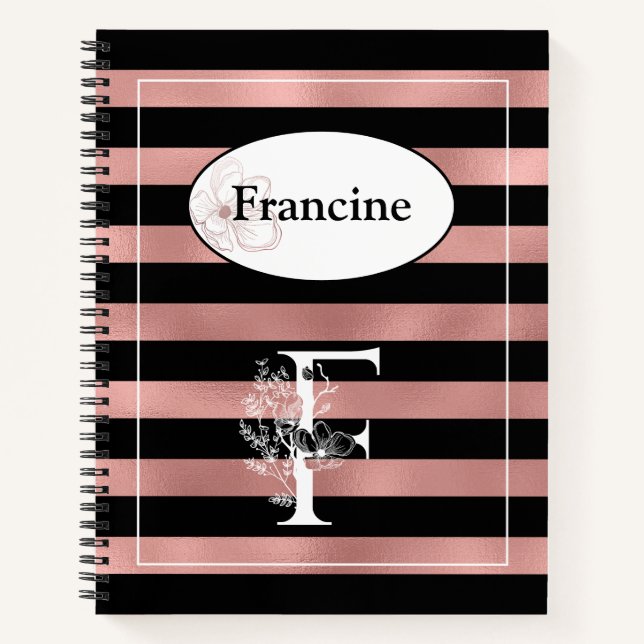 Personalized Rose Gold Stripes with Initial F Notebook (Front)