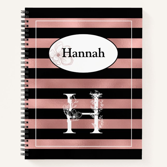 Personalized Rose Gold Stripes with Initial H Notebook (Front)