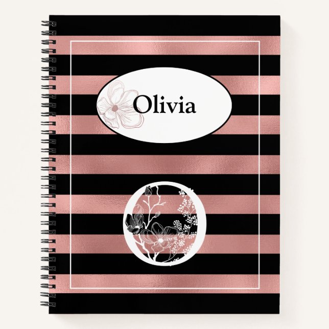 Personalized Rose Gold Stripes with Initial O Notebook (Front)