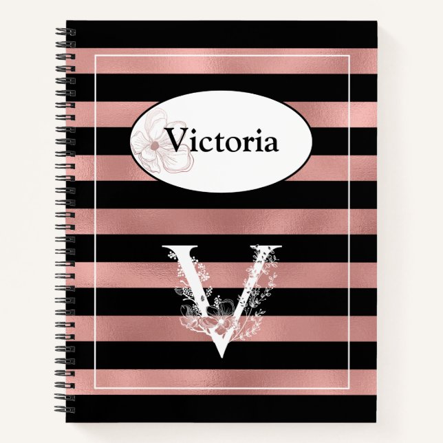 Personalized Rose Gold Stripes with Initial V Notebook (Front)