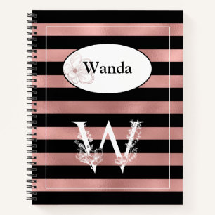 Personalized Rose Gold Stripes with Initial W Notebook