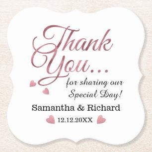 Personalized Rose Gold Thank You Wedding Favor Paper Coaster