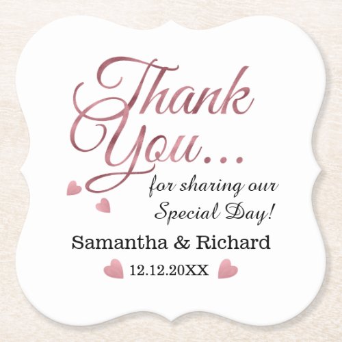 Personalized Rose Gold Thank You Wedding Favor  Paper Coaster