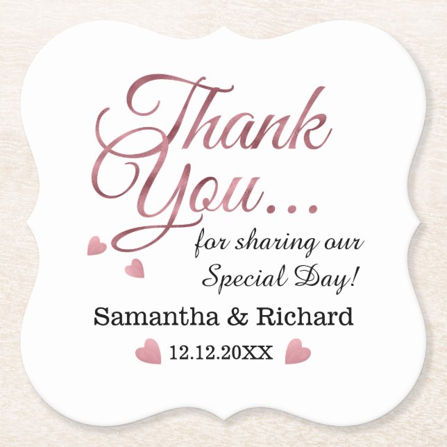 Personalized Rose Gold Thank You Wedding Favor  Paper Coaster (Front)