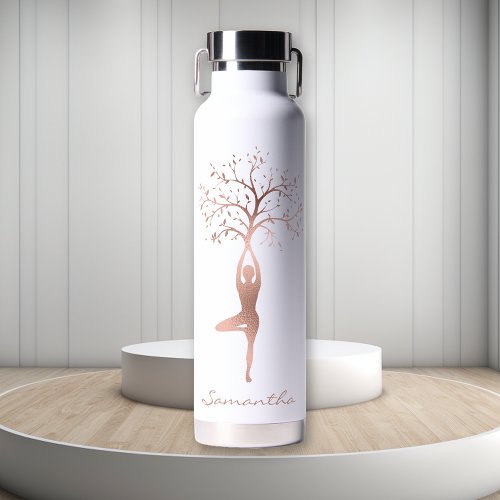 Personalized Rose Gold Tree Pose Namaste  Water Bottle