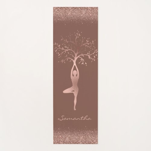 Personalized Rose Gold Tree Pose Namaste Yoga Mat