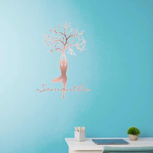 Personalized Rose Gold Tree Pose Namaste Yoga  Wall Decal (Home Office)