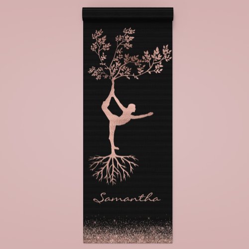 Personalized Rose Gold Tree Yoga Pose Namaste Yoga Yoga Mat