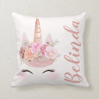 Personalized Rose Gold Unicorn Floral Throw Pillow