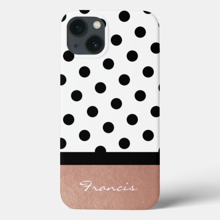 Personalized Rose Gold White And Black Polka Dot Iphone 13 Case