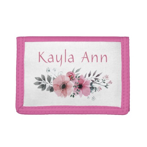 Personalized Rose Pink and White Floral Watercolor Trifold Wallet