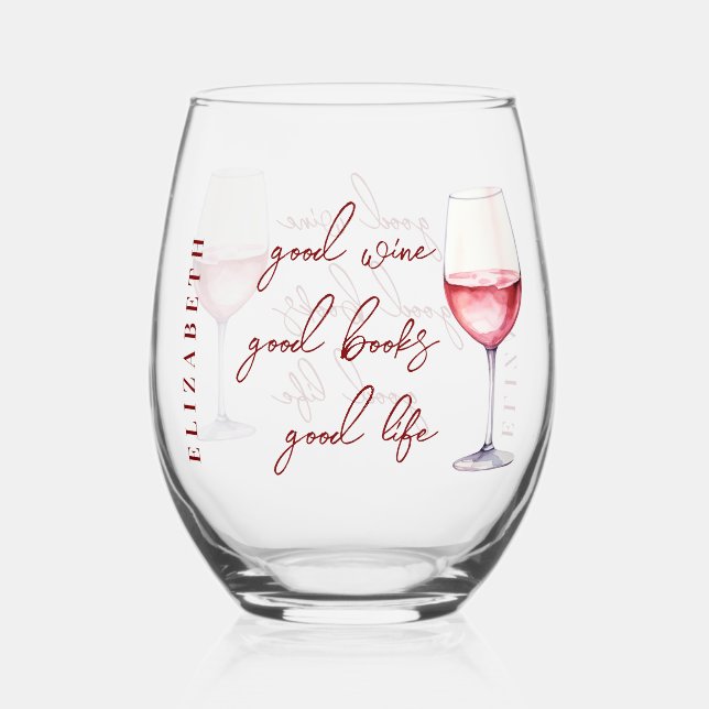 Personalized Rosé Pink Wine & Book Lover Quote Stemless Wine Glass (Front)