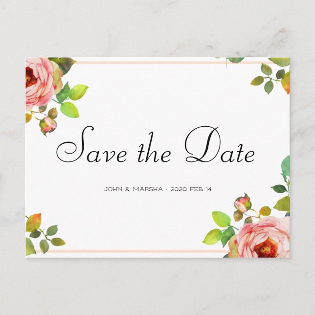 Personalized - Rose Watercolor Save the Date Postcard (Front)
