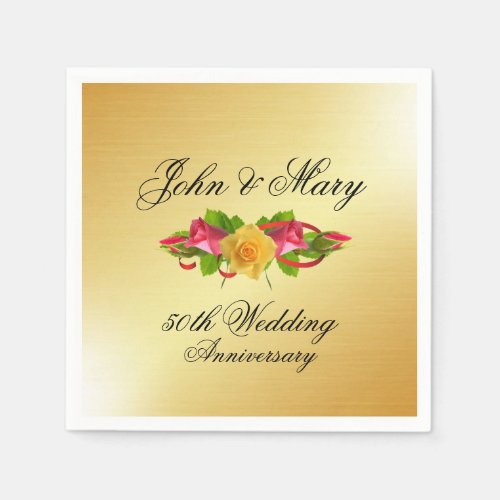 Personalized Roses  Gold 50th Wedding Anniversary Napkins