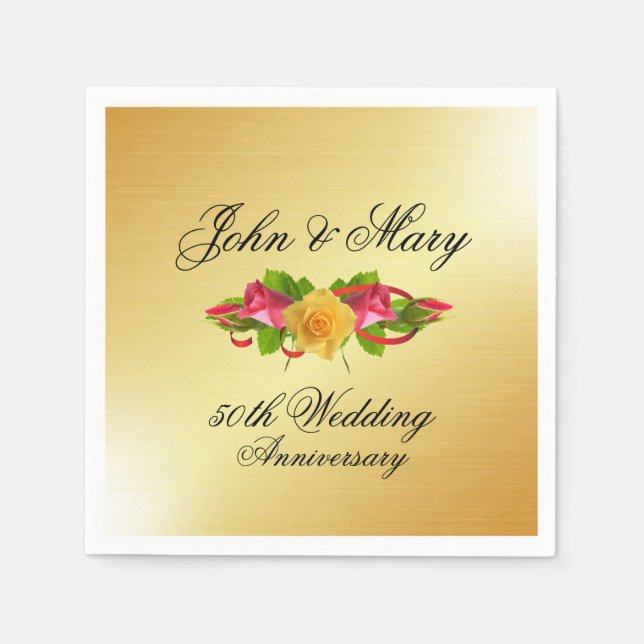 Personalized Roses & Gold 50th Wedding Anniversary Napkins (Front)