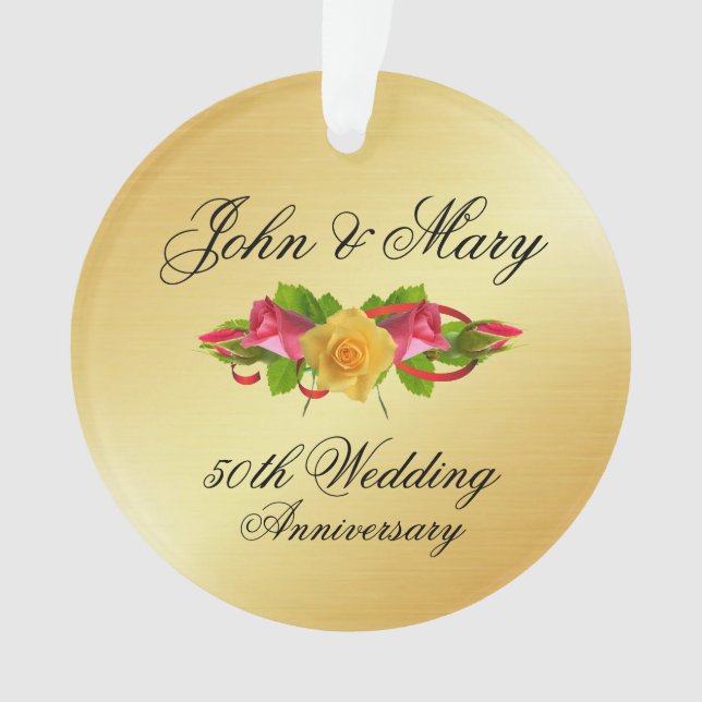 Personalized Roses & Gold 50th Wedding Anniversary Ornament (Front)
