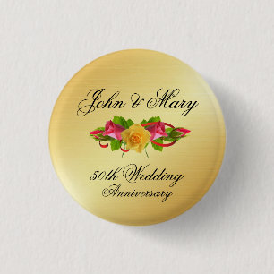Personalized Roses & Gold 50th Wedding Anniversary Pinback Button